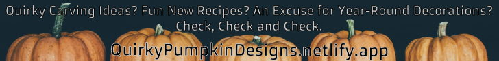 Large banner with text and website address for quirky pumpkin designs