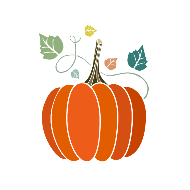 A small cartoon pumpkin with leaves on the stem