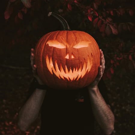 A person holding a pumpkin carving in front of their head